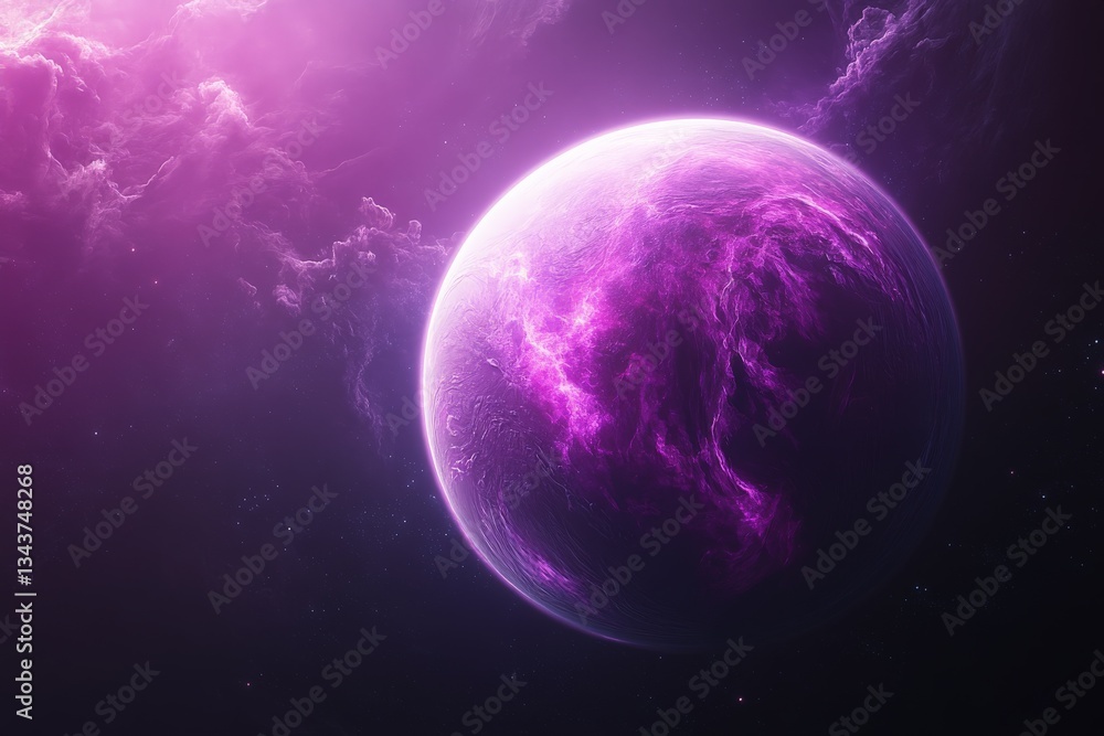 Obraz premium Vibrant purple planet floating in cosmic space with clouds and stars