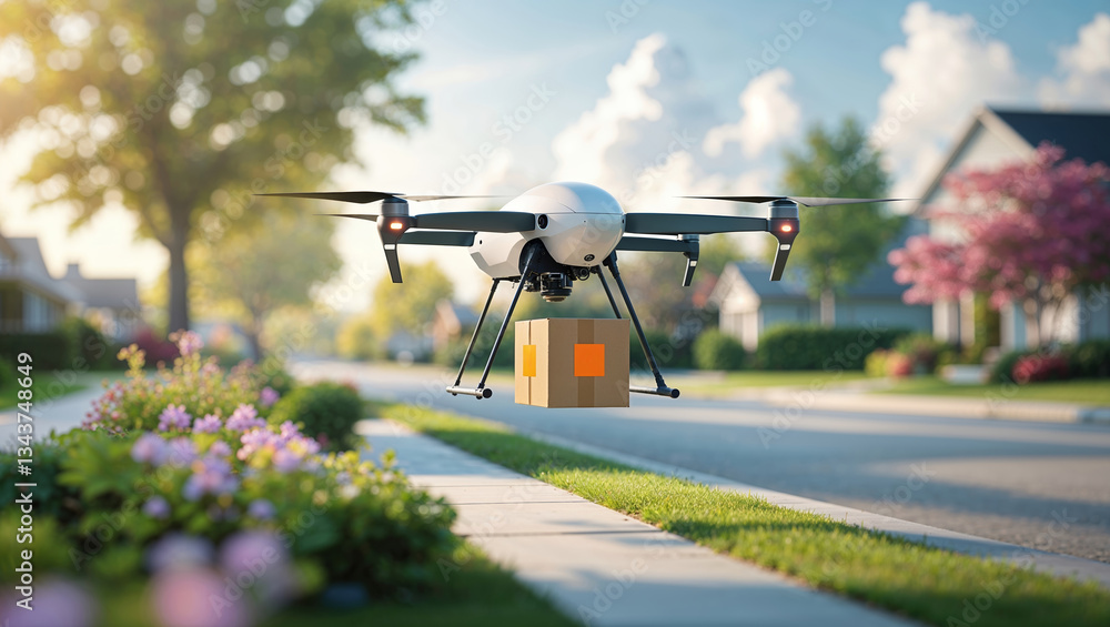 Delivery drone transporting package over suburban street lined with flowers and homes during daytime Delivery drone transporting package over suburban street lined with flowers and homes during daytime