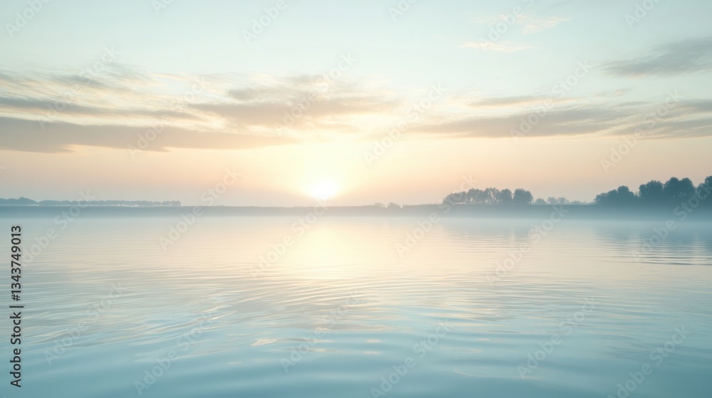 Obraz premium Serene Sunrise Over Misty Water with Soft Hues and Gentle Waves