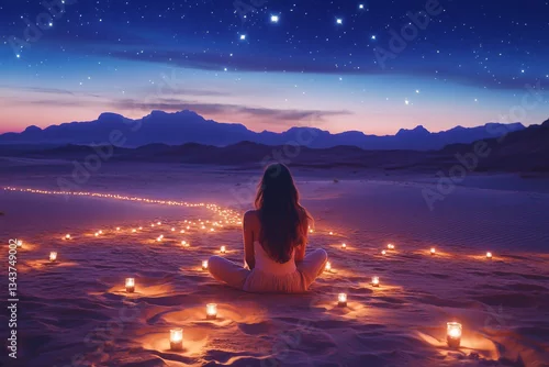 Fototapeta samoprzylepna Woman meditating on beach with candles at serene nighttime landscape