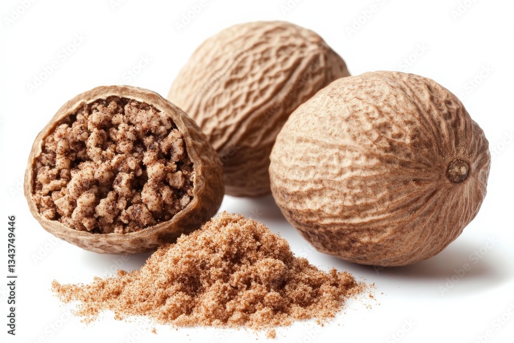 Nutmeg seeds and ground spice arranged on a white background showcasing their texture and natural color Nutmeg seeds and ground spice arranged on a white background showcasing their texture and natural color