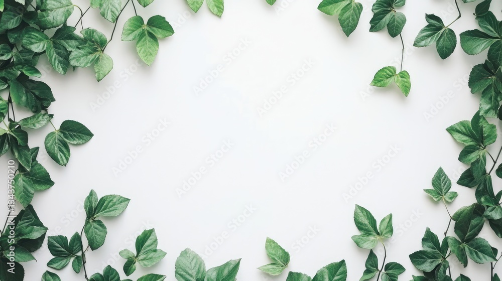 Naklejka premium Lush green leaves framing a clean white background, perfect for nature-themed designs or eco-friendly concepts