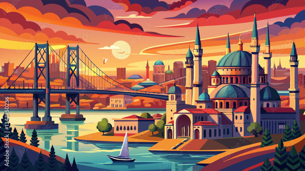 Fototapeta premium Istanbul Bosphorus panoramic photo. Istanbul landscape beautiful sunset with clouds Ortakoy Mosque, Bosphorus Bridge, Fatih Sultan Mehmet Bridge Istanbul Turkey.Best touristic destination of 
