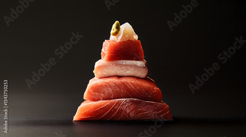 Stacked Raw Tuna with Wasabi and Ginger in dar background