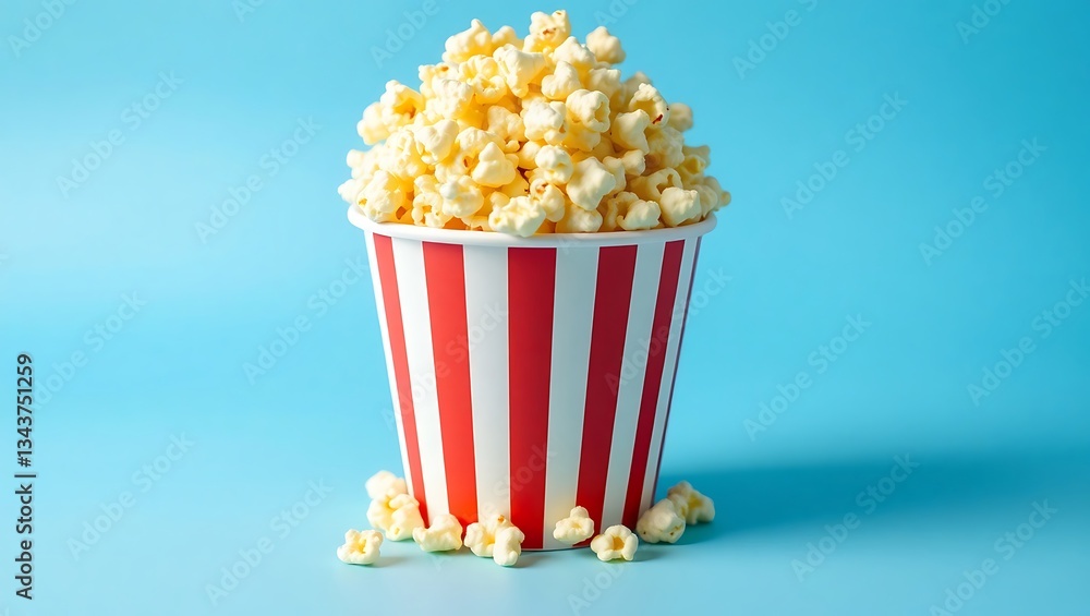 Popcorn in Striped Bucket Against a Blue Background Popcorn in Striped Bucket Against a Blue Background