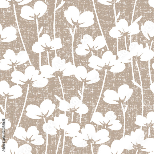 Abstract seamless pattern with tropical flowers leaves silhouette, line drawing. Hand drawn retro styled vector illustration for fabric, wrapping texture, textile, wallpaper, cool graphic art