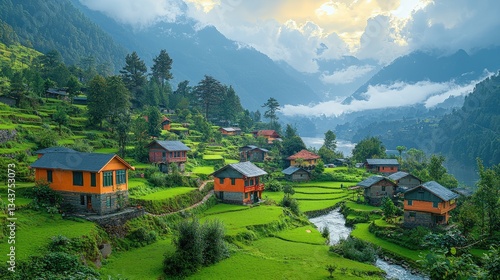 Wallpaper Mural Serene village landscape with colorful houses amidst lush green terraced fields Torontodigital.ca