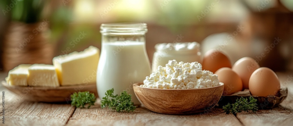 Still life with dairy products and eggs, perfect for cooking blogs, recipes and grocery stores. Still life with dairy products and eggs, perfect for cooking blogs, recipes and grocery stores.