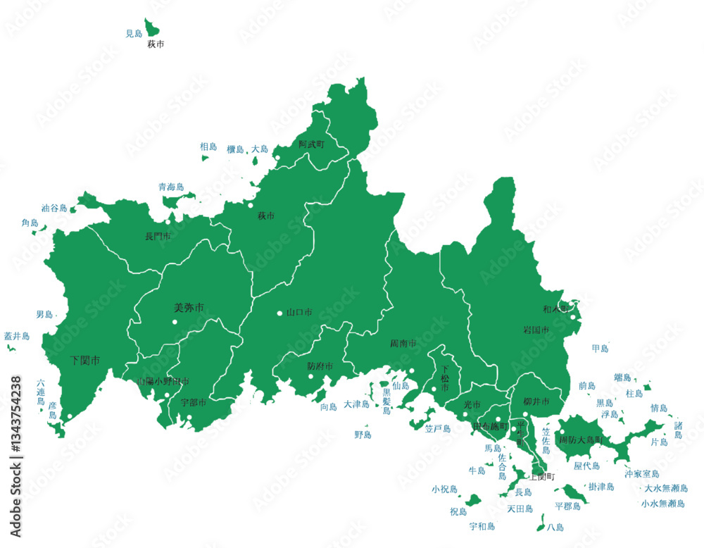 Fototapeta premium 山口県 地図 グリーン 斑点 イラスト