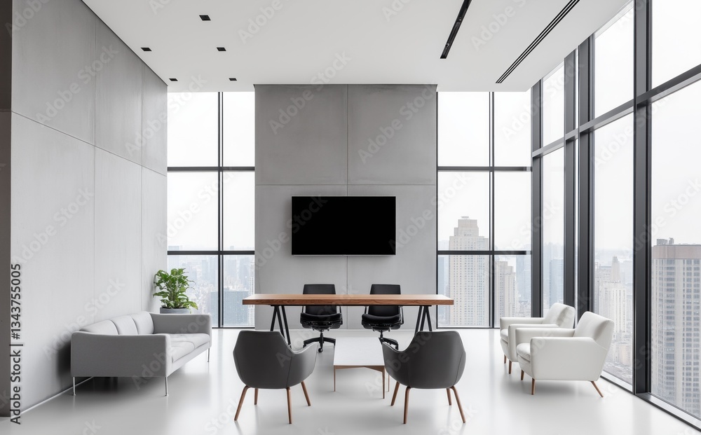 Modern minimalist office space featuring large windows and sleek furniture Modern minimalist office space featuring large windows and sleek furniture