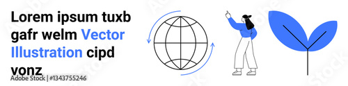 Person gesturing confidently, globe with rotation arrows, and leaf representing growth ideals. Ideal for sustainability, environment, education, teamwork, growth, innovation simple landing page