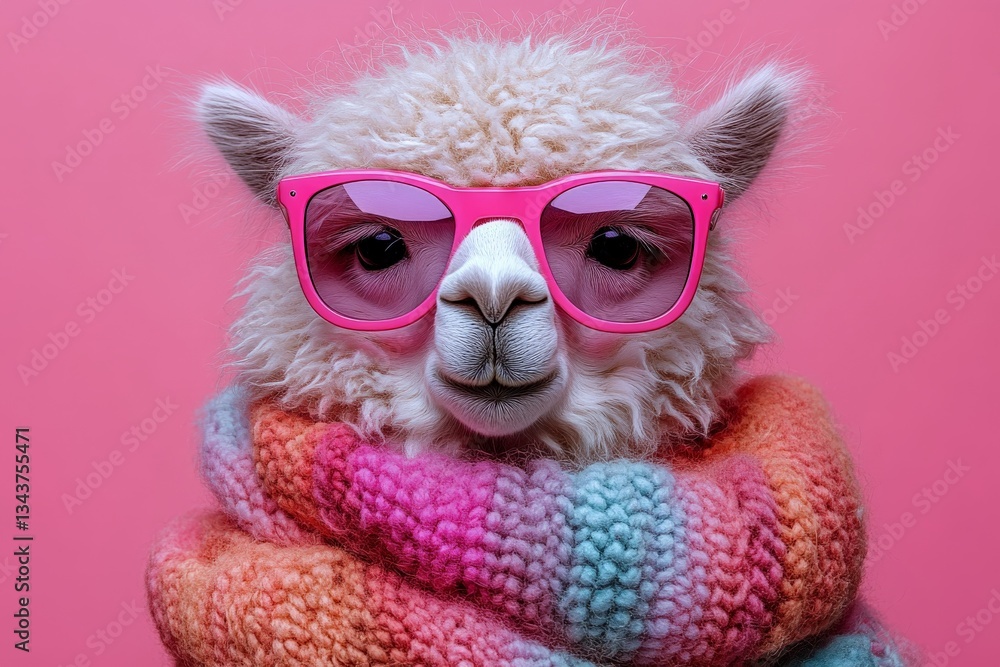 Fototapeta premium Stylish llama dressed in colorful scarf and pink glasses poses against a bright pink background