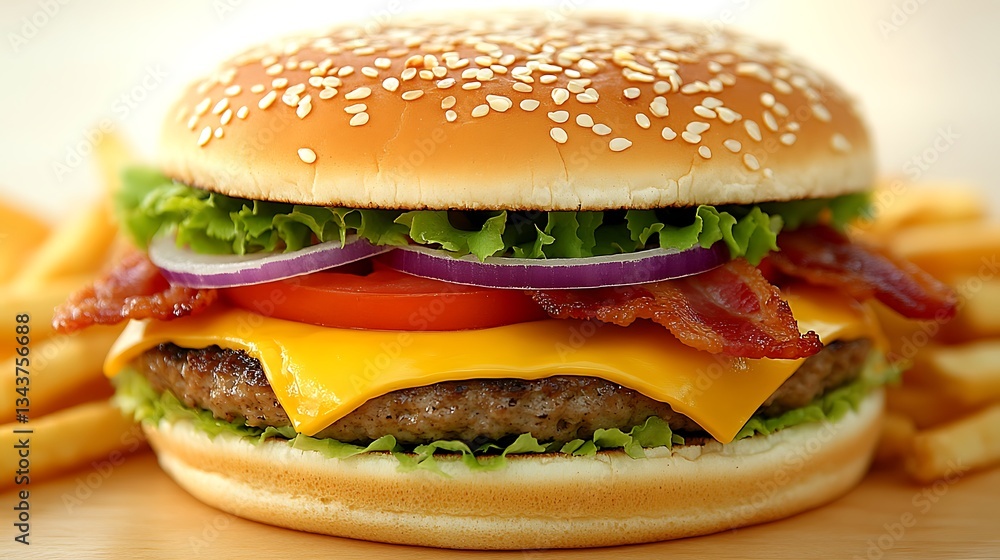 Delicious Cheeseburger with Lettuce Tomatoes Bacon and Sesame Bun Delicious Cheeseburger with Lettuce Tomatoes Bacon and Sesame Bun