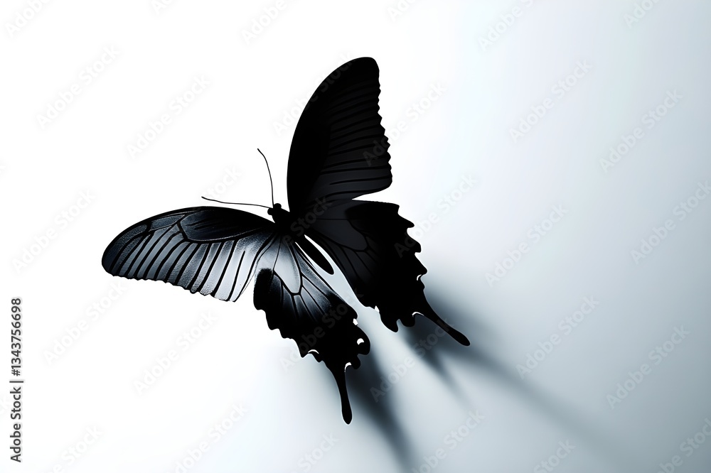Fototapeta premium Illustration of a butterfly flying freely on a clean white background, with smooth lines and soft shadows, creating a calm and elegant atmosphere
