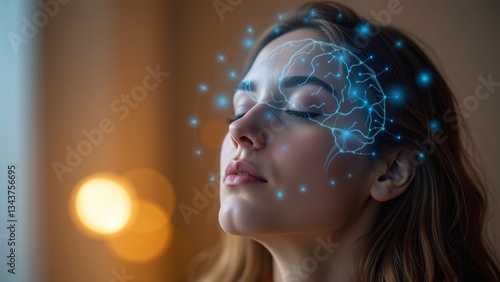 Artificial intelligence brain concept illustration featuring a woman with eyes closed and a blue glowing neural network hologram for mental health and technology advertising
