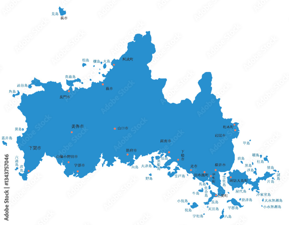 Obraz premium 山口県 地図 ブルー 斑点 イラスト