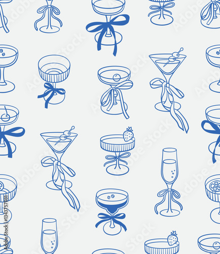 Seamless pattern of cocktails. Line art, ink, minimalist style. Vector illustration. Party collection.