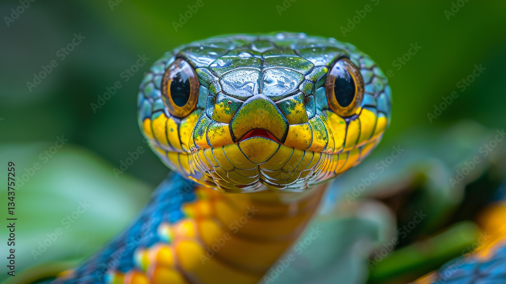 Fototapeta premium Snake against green vegetation. Unblinking piercing gaze. Close-up of head. Dangerous poisonous reptile. Fear, threat to life. Close-up. Copy space for text.