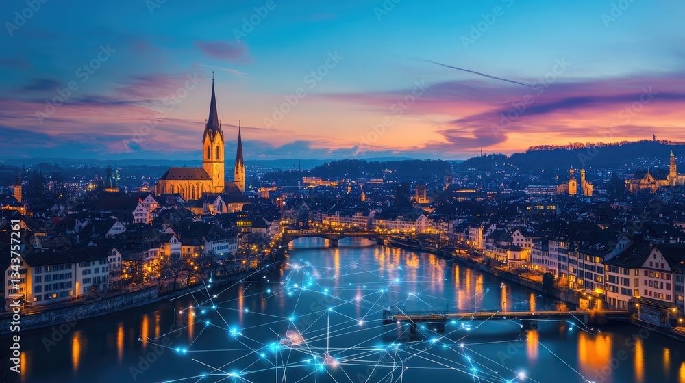 Obraz premium A breathtaking sunset view of a city skyline with a river, showcasing illuminated buildings and a church tower