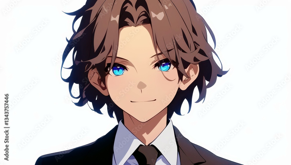 Young male character with wavy brown hair and bright blue eyes wearing a formal suit, standing against a plain white background, exuding confidence and charm Young male character with wavy brown hair and bright blue eyes wearing a formal suit, standing against a plain white background, exuding confidence and charm