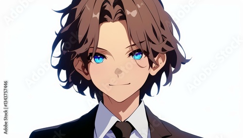 Wallpaper Mural Young male character with wavy brown hair and bright blue eyes wearing a formal suit, standing against a plain white background, exuding confidence and charm Torontodigital.ca