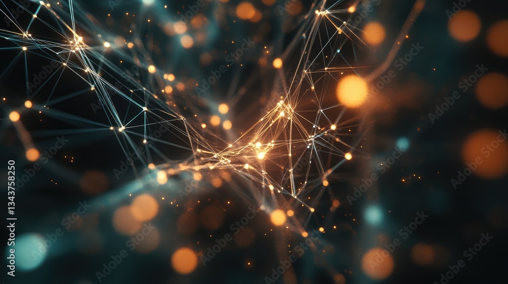 Fototapeta premium Abstract representation of interconnected nodes and glowing particles, creating a dynamic digital network scene