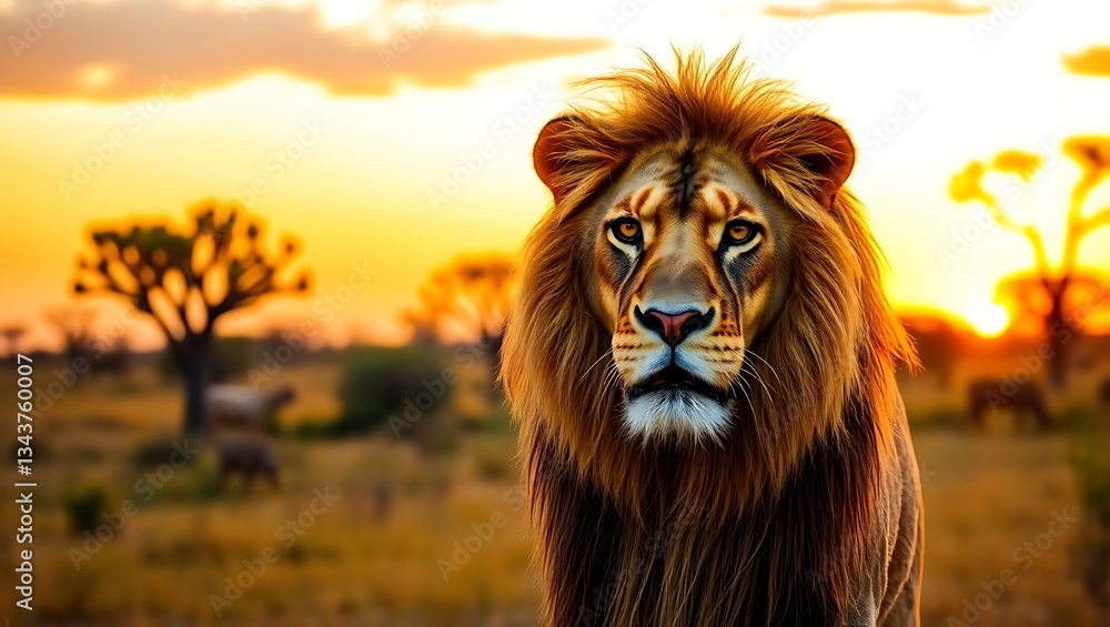 Fototapeta premium Majestic Roaring Lion in the African Savanna at Dusk