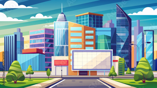 Modern urban landscape featuring a blank white rectangular signboard in front of a sleek, contemporary office building with a bustling cityscape background