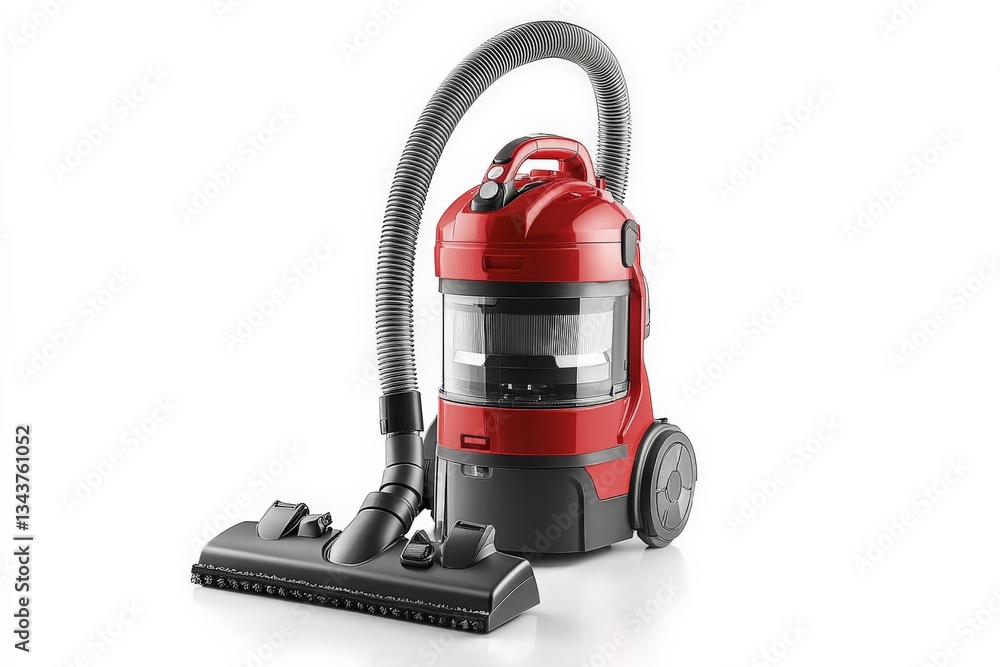 Red canister vacuum cleaner with clear dust container and flexible hose for efficient cleaning in homes or offices Red canister vacuum cleaner with clear dust container and flexible hose for efficient cleaning in homes or offices