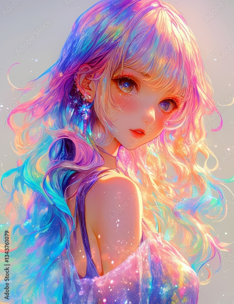 custom made wallpaper toronto digitalEthereal Portrait of a Young Woman with Colorful Hair and Dreamy Background in Soft Pastels and Sparkling Details