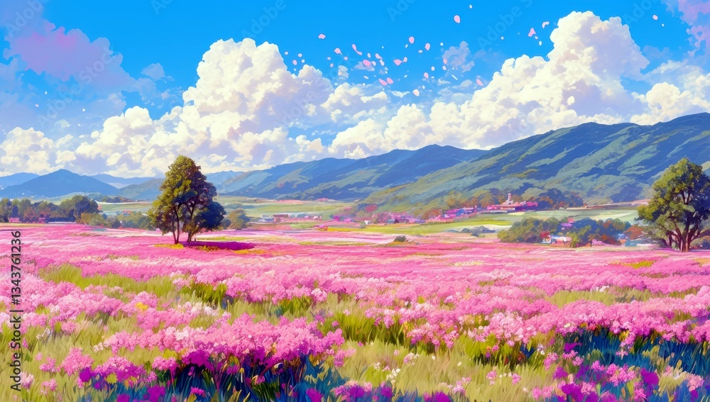 Obraz premium Serene Landscape of Vibrant Pink Flowers Under a Blue Sky with Fluffy Clouds and Rolling Green Hills in a Rural Setting