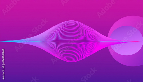 3D Colored neon horizontal motion sound wave abstract on purple-pink background, and a line with ellipse.