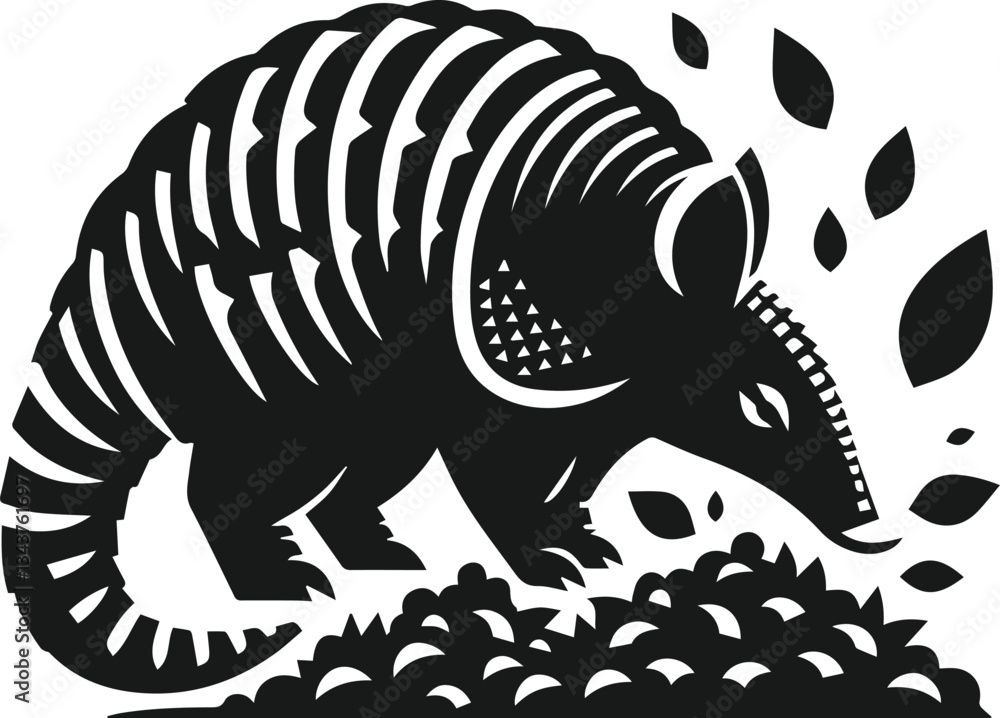 Armadillo sniffing a pile of leaves silhouette Armadillo sniffing a pile of leaves silhouette