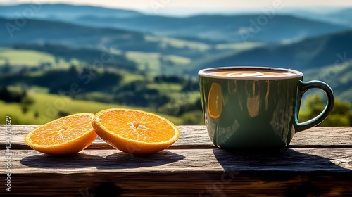 A cup of coffee and orange slices with a landscape background
