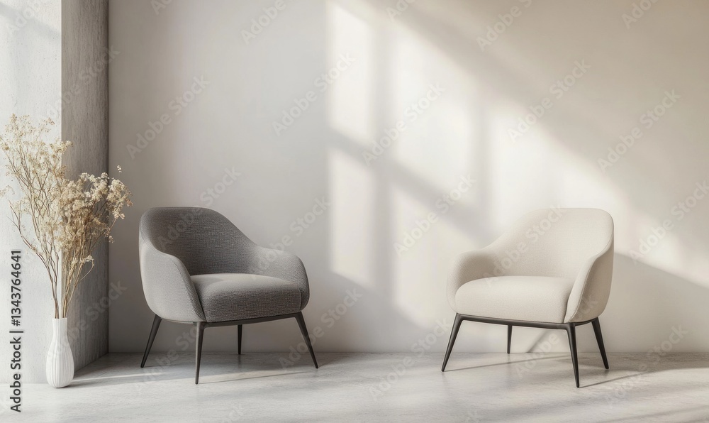 Fototapeta premium Modern beige and gray armchairs in bright room, sunlit corner. Possible use Interior design, home decor