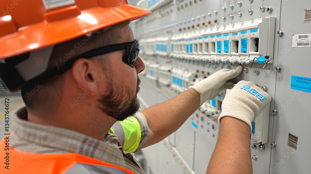 Technician inspecting an advanced electrical panel in a commercial building for energy efficiency. Technician inspecting an advanced electrical panel in a commercial building for energy efficiency.