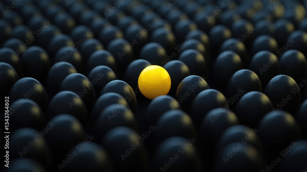Fototapeta premium Unique Yellow Sphere Among Many Dark Spheres Abstract Concept of Standing Out Difference and