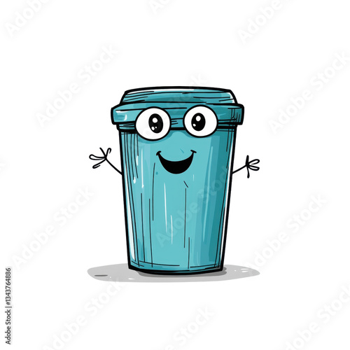 A cheerful cartoon trash can character features big eyes and a smiling mouth, showcasing a friendly personality against a clear backdrop.