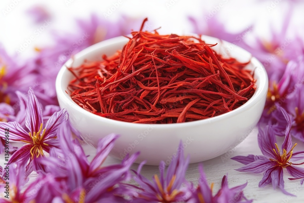 Fototapeta premium Vibrant saffron threads in a white bowl surrounded by purple flowers create a stunning presentation