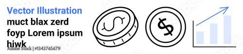 Coins with dollar signs paired with a rising bar graph. Ideal for finance, investment, savings, profit, economic growth, stock market, and business concepts. Abstract line flat metaphor