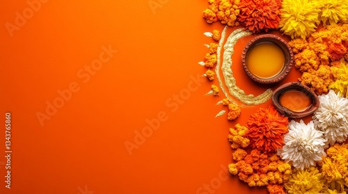 Vibrant Diwali arrangement with earthen lamps and marigold blossoms on orange