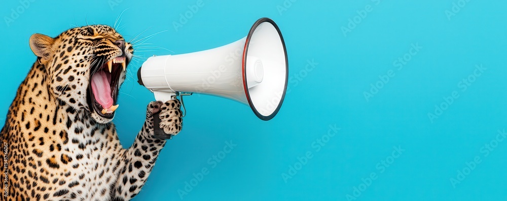 Fototapeta premium Roaring Leopard Holding Megaphone Announcing Important News Blue Background