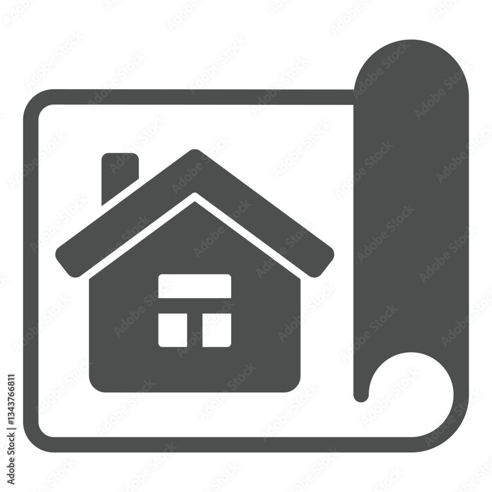 House on paper plan solid icon, architecture project concept. Vector graphics. Cottage building construction sign on white background, glyph style icon for mobile or web design. House on paper plan solid icon, architecture project concept. Vector graphics. Cottage building construction sign on white background, glyph style icon for mobile or web design.