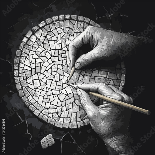 Creating a monochrome mosaic: hands crafting intricate tile art