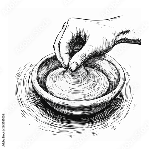 Hand shaping clay on pottery wheel drawing in black and white