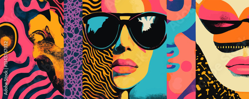 Colorful abstract pop art portraits of women with bold sunglasse