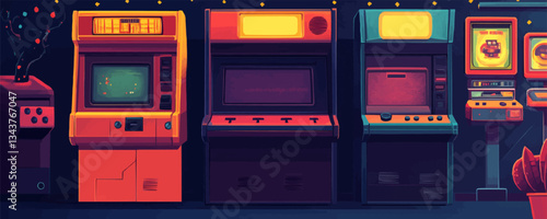 Retro arcade machines with vibrant colors and vintage design