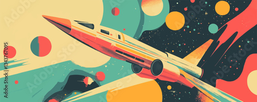 Futuristic rocket amid colorful celestial bodies in abstract spa