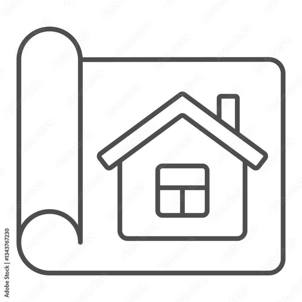 House on paper plan thin line icon, architecture project concept. Vector graphics. Cottage building construction sign on white background, outline style icon for mobile or web design. House on paper plan thin line icon, architecture project concept. Vector graphics. Cottage building construction sign on white background, outline style icon for mobile or web design.