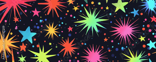Vibrant abstract neon stars and dots on dark background